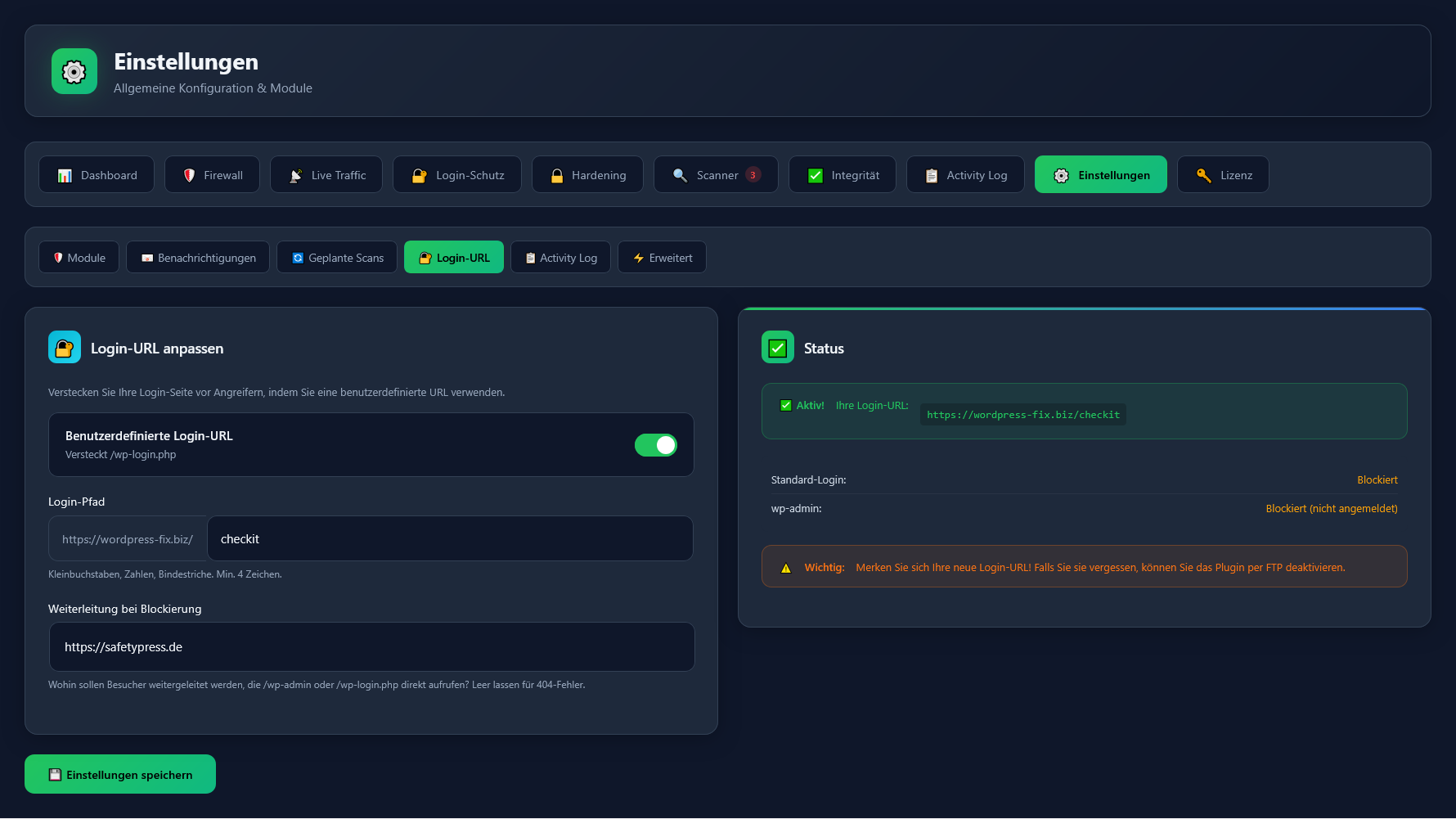 SafetyPress Login-URL anpassen